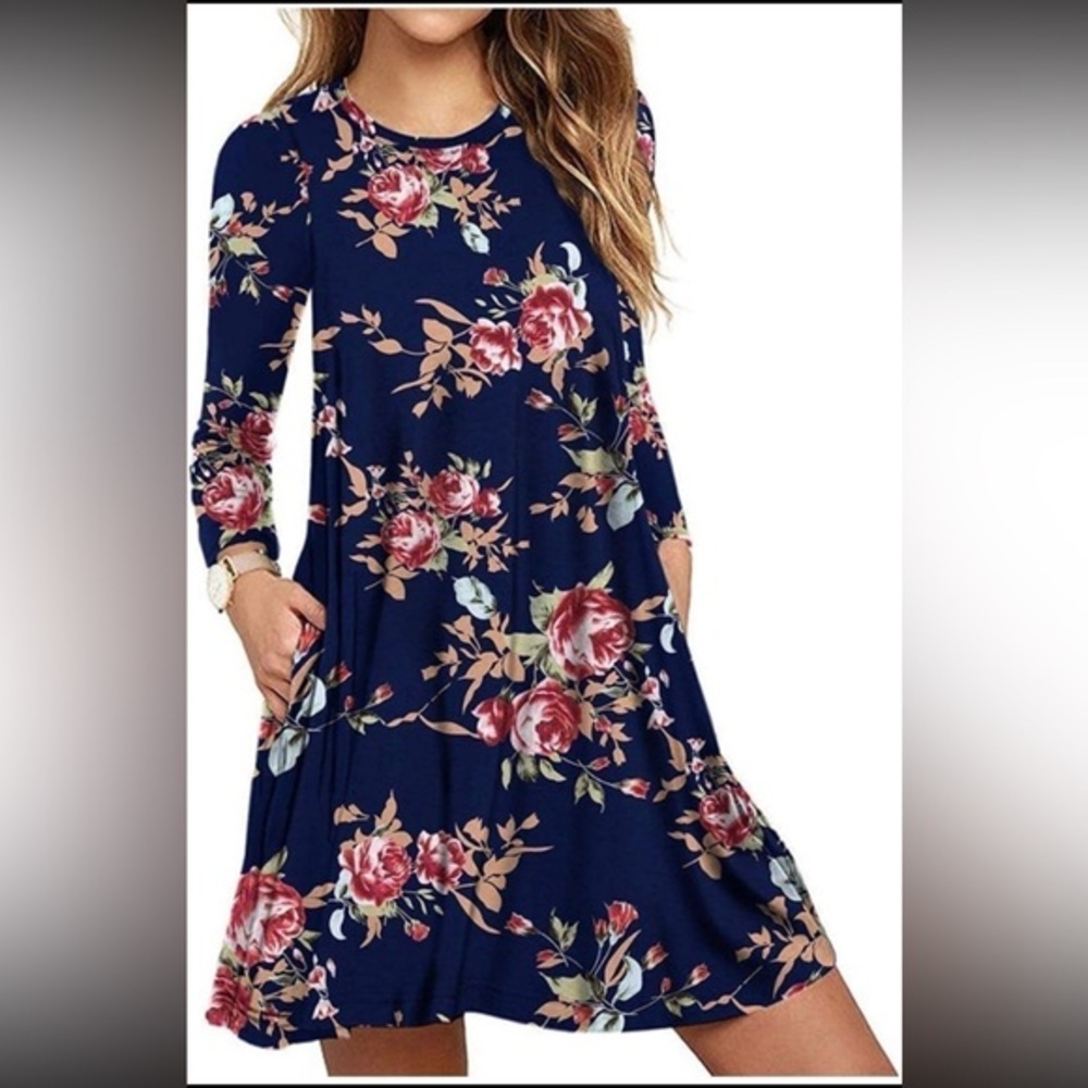 Popyoung | Women’s Floral‎ Long Sleeve Midi Dress | Small |